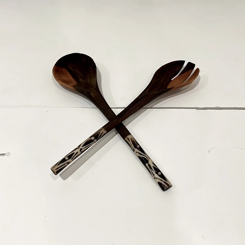 African Style Wooden Salad Servers, Utensil Set, Fork & Spoon